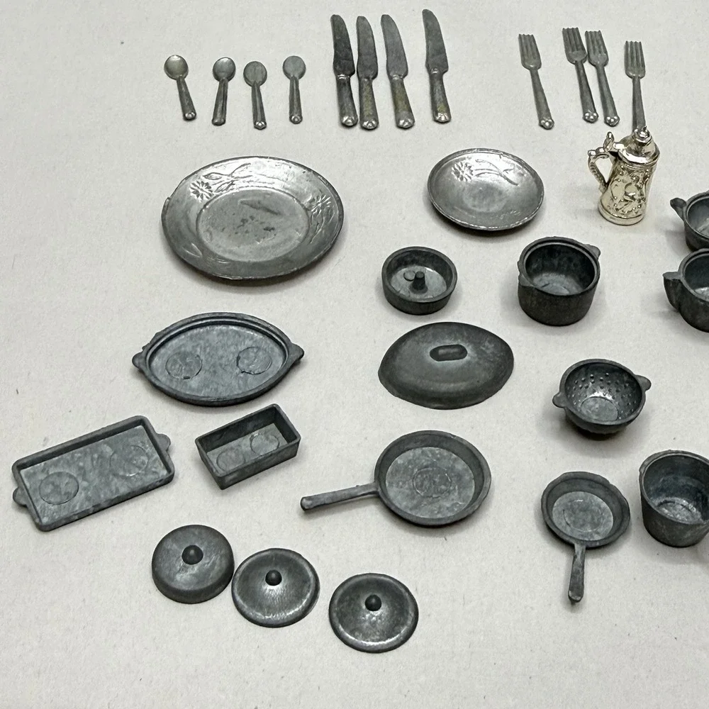 Vintage dollhouse lot miniature cooking pans pots‎ flatware metal tools kitchen